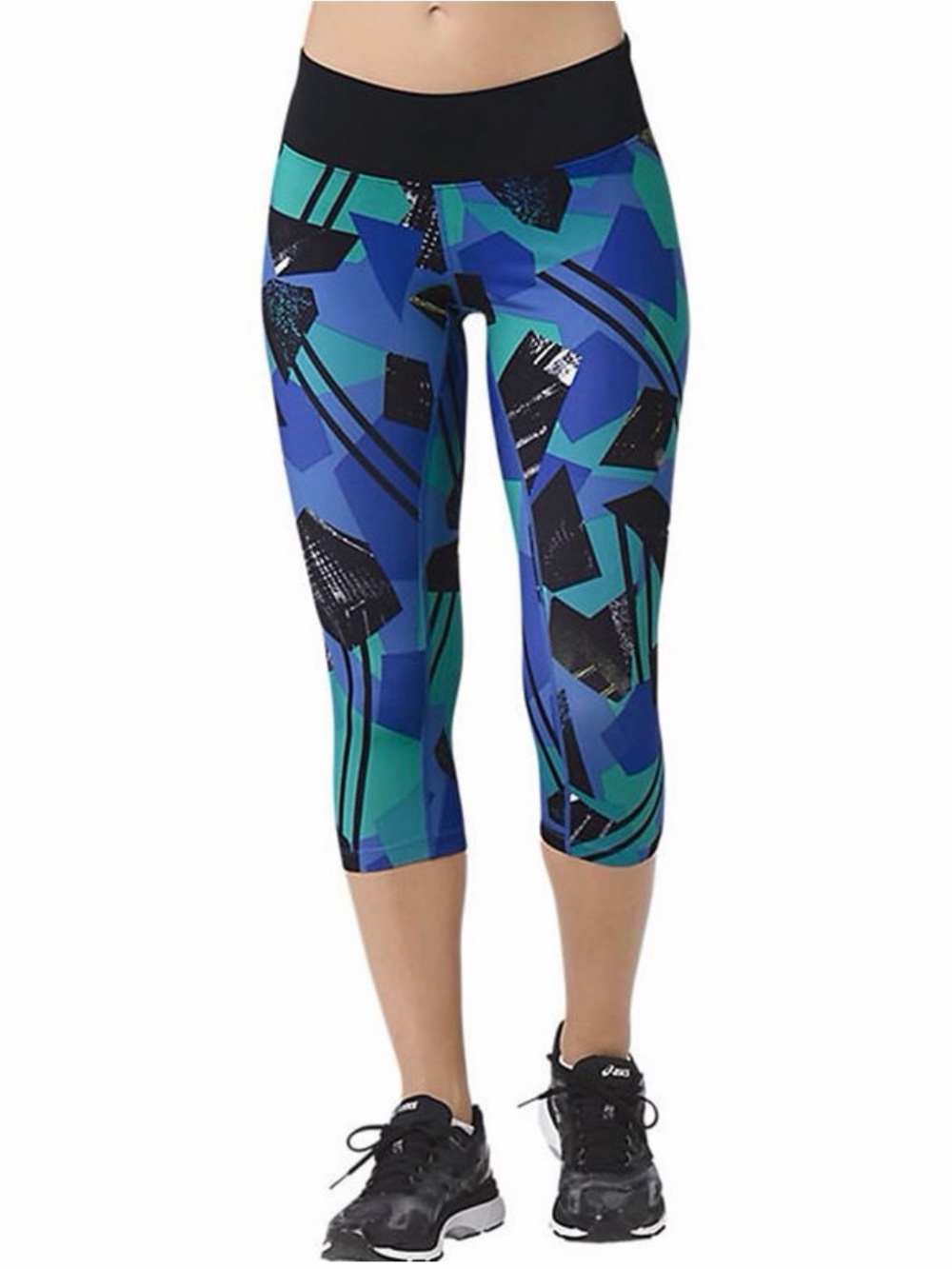 Asics Blue Geometric Capri Leggings with Black Waistband